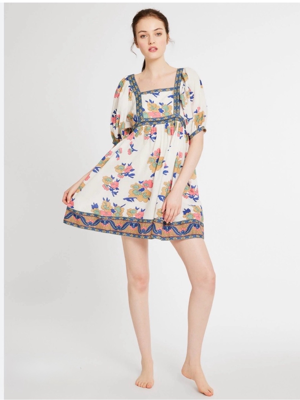 MILLE Liesl Sundress Persian Rose Floral Cotton Puff Sleeve Mini S